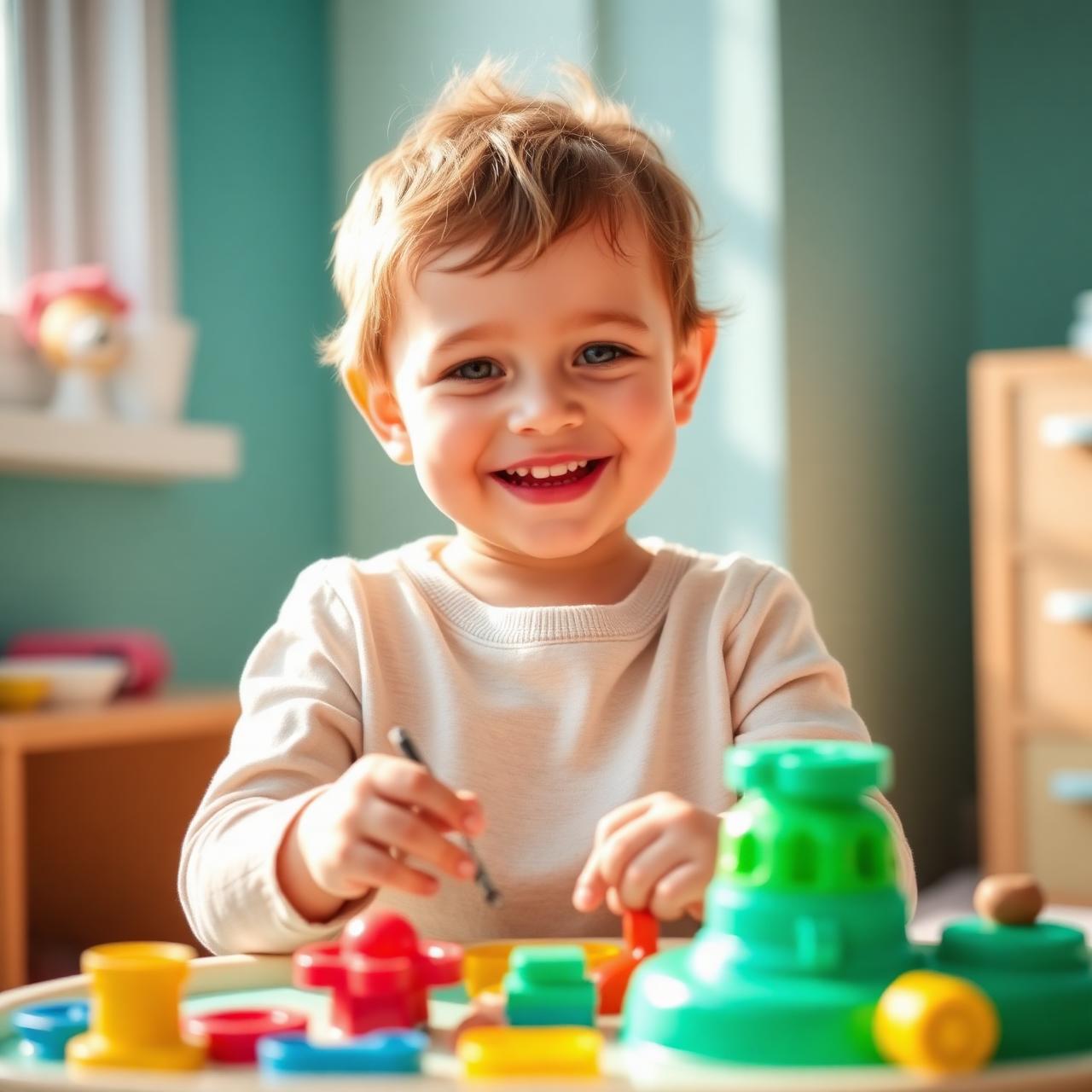 Happy child engaged in a sensory motor play activity with a paediatric occupational therapist in Peterborough